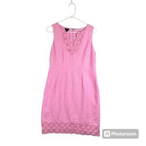 Talbot Linen Cotton Scalloped Crochet Pink‎ Lined Shift Dress Sleeveless Women 2